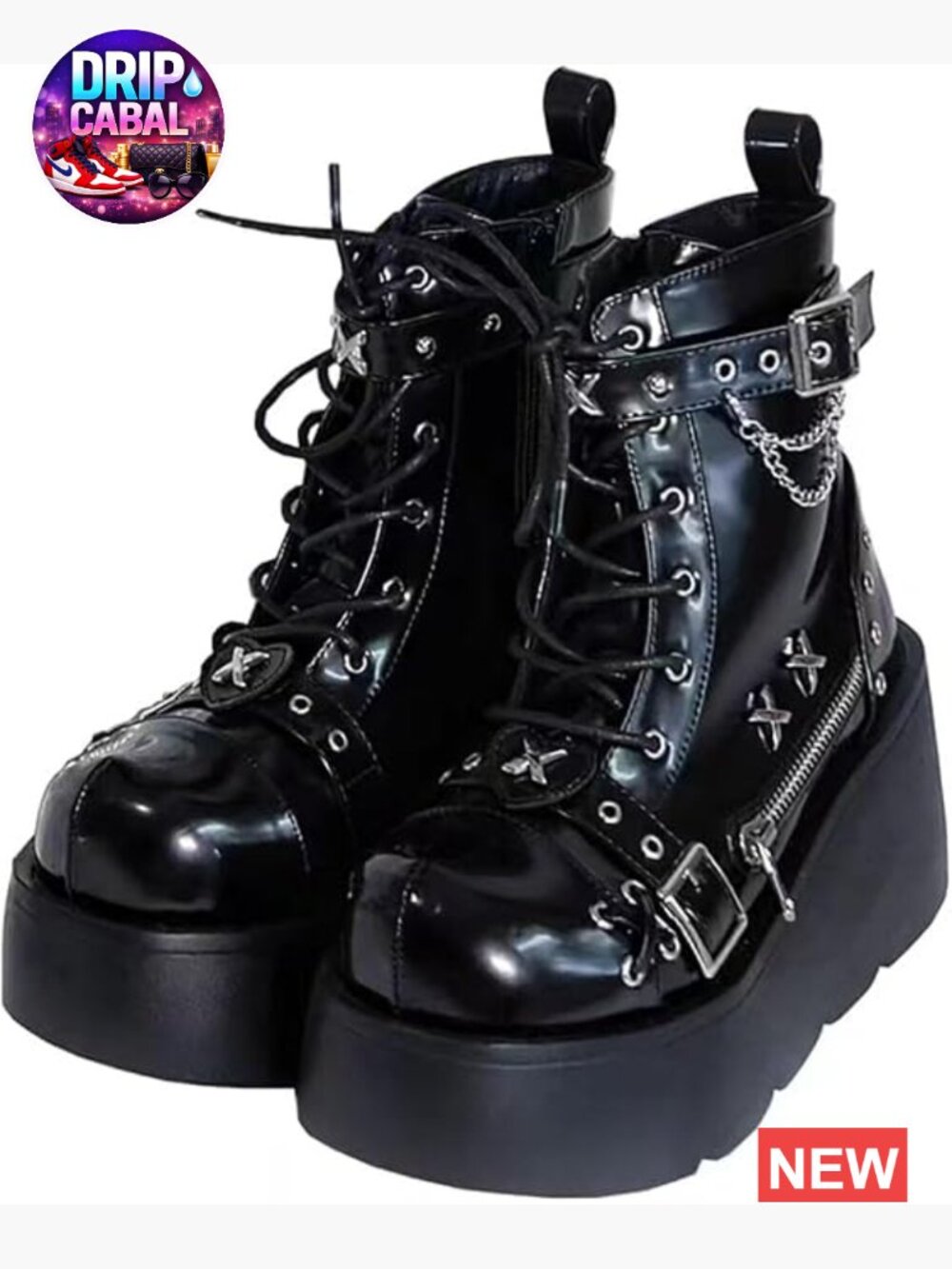 Goth Platform Ankle Boots with Bat Wing Buckles Chunky Heels Round Toe Zipper - Picture 1 of 6